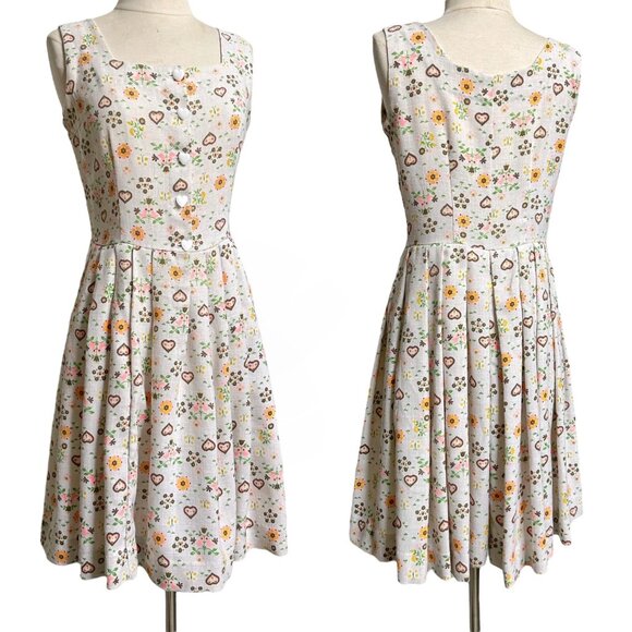 70s Vintage Novelty Print Dirndl Folk Dress Heart Pattern Twee Cottage Peasant. - Picture 4 of 13